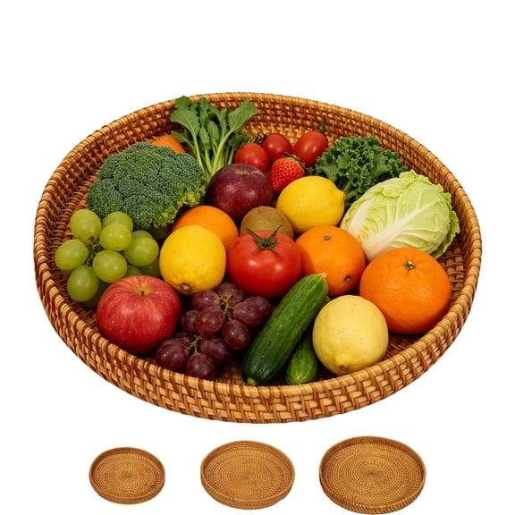 Rattan Serving Basket with Wicker Round Tray for Bread Fruit Tea Coffee Table Decor
