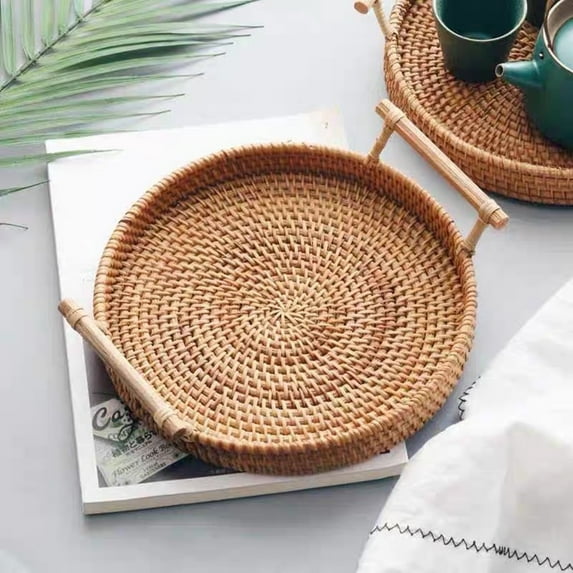 Rattan Serving Tray – 8.66-inch Round Serving Tray with Handles – Handmade Round Rattan Tray – Decorative Tray for Coffee Table, Food Serving, Party Round Wicker Tray for Home Decor