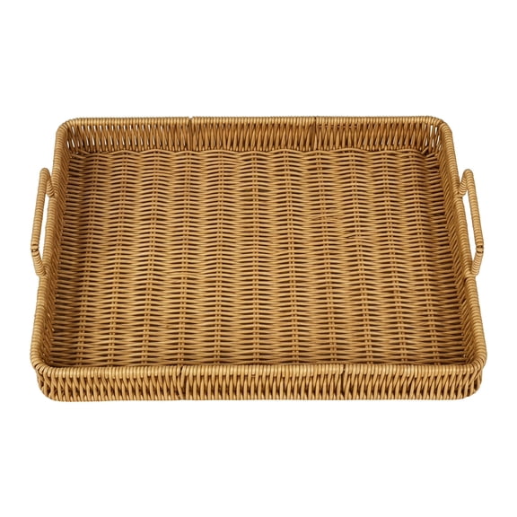 Rattan Serving Tray with Handles 14.96in x 11.42in x 1.57in, Small Woven Poly Wicker Basket Tray for Coffee Table Decor Bread Basket Fruit Vegetables Breakfast Snacks