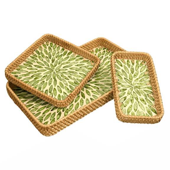 Set of 3 Rectangle Rattan Serving Tray with Mother of Pearl Inlay Wooden Base, Woven Ottoman Coffee Table Trays, Wicker Storage Baskets for Breakfast, Drinks, Snack, Bread, Fruits, Tea