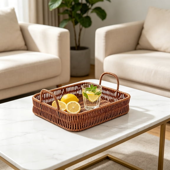 Rattan Serving Tray,Rectangular Woven Tray with Handles,Plastic Wicker Bread Baskets,Rustic Decorative Fruit Snack Basket for Organizing Tabletop Bathroom Kitchen Counter 
