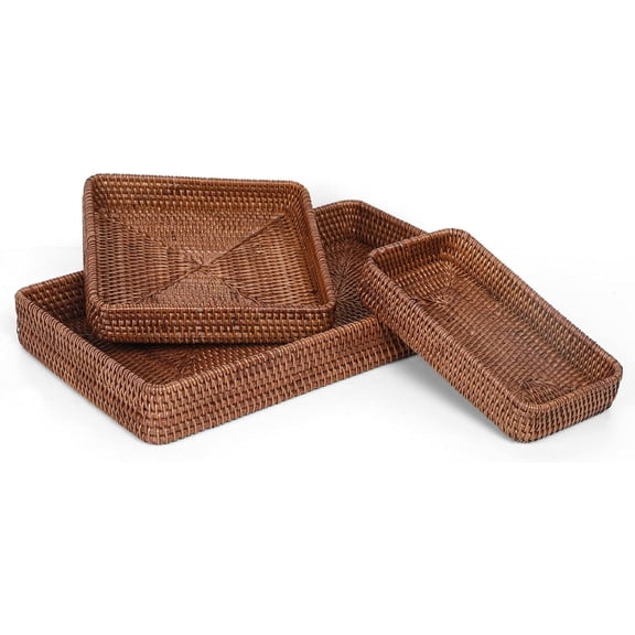 Rattan Serving Tray, Rectangular Woven Tray, Natural Wicker Decorative Serving Baskets for Organizing Tabletop Bathroom Kitchen Counter (Dark Brown)