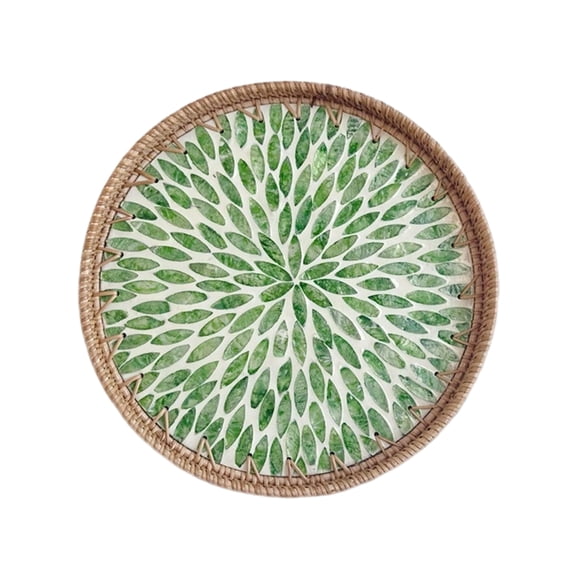 Rattan Serving Tray with Shell, Round Rattan Tray with Mother of Pearl Inlay, Wicker Tray with Natural Shell, Coffee Table Tray Decor, Serving Tray for Bread Fruits