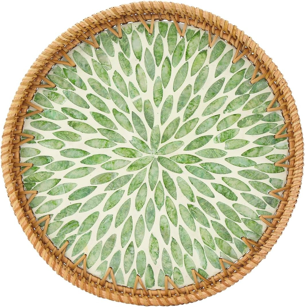 Round Rattan Serving Tray With Mother Of Pearl Inlay | Boho Decorative Tray & Coaster Set