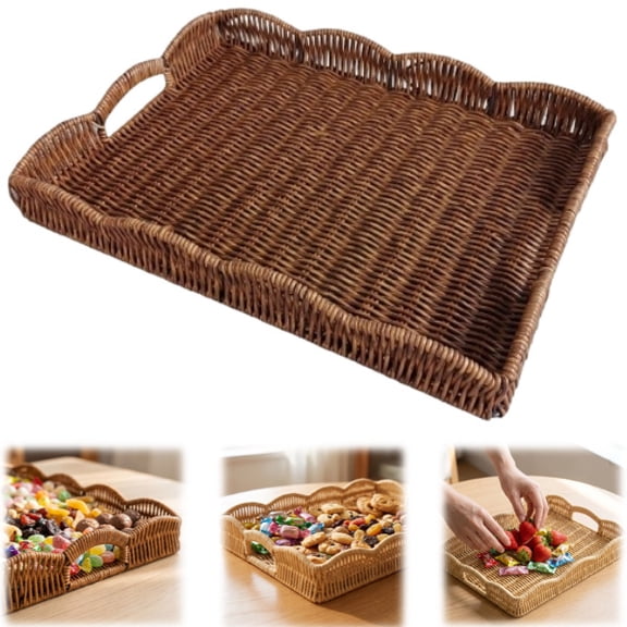 Rattan Serving Trays With Handles, 14.8"x 11" x 2" Woven Wicker Baskets Trays For Coffee Table Decor, Bread Baskets Rectangular Platters For Fruit, Vegetables, Breakfast, Snacks，Coffee