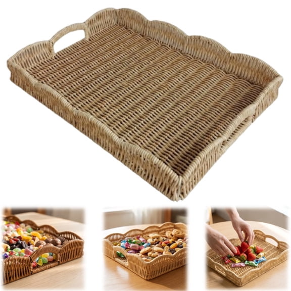 Rattan Serving Trays With Handles, 14.8"x 11" x 2" Woven Wicker Baskets Trays For Coffee Table Decor, Bread Baskets Rectangular Platters For Fruit, Vegetables, Breakfast, Snacks,Beige