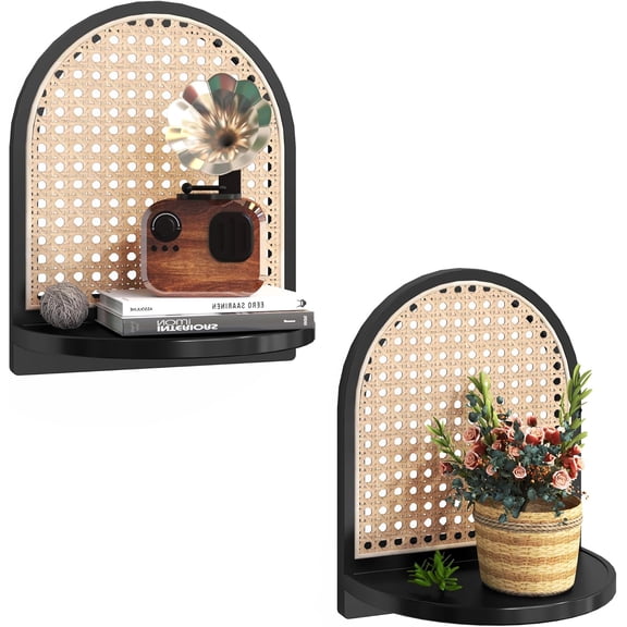 Rattan Shelf Set of 2, 7'' Black Rattan Shelf with Wicker Decor, Boho Wall Decor Small Floating Shelf for Plant Figurines Display, Mini Shelves for Knick Knack Storage