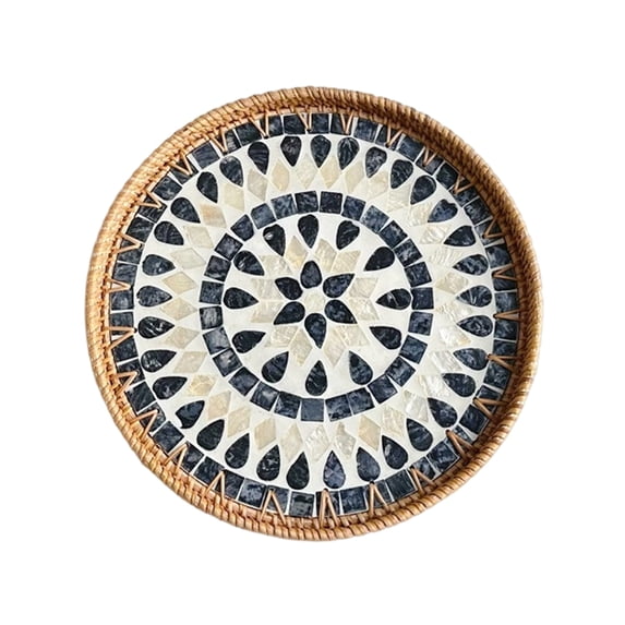 Rattan Shell Tray and Coaster Set, Rattan Serving Tray with Shell, Round Rattan Tray with Mother of Pearl Inlay, Wicker Tray with Natural Shell, Coffee Table Tray Decor, Serving Tray for Bread Fruits