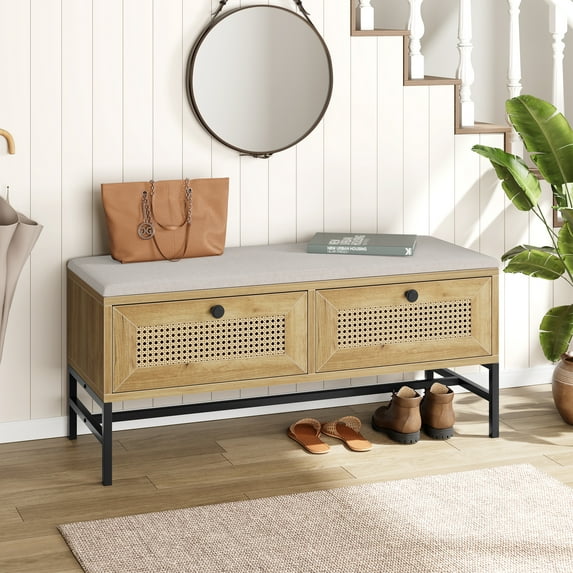 Rattan Shoe Bench Entryway Bench with Storage Drawer, Wooden Storage Bench with Linen Seat Cushion, for Hallway and Bedroom, Natural
