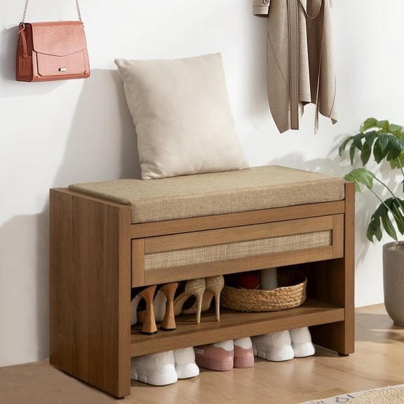 Rattan Shoe Bench Entryway Bench with Storage Drawer and Linen Seat Cushion, Farmhouse Boho Shoe Rack with Shelf, Wooden Storage Bench for Entryway Hallway and Bedroom, Caramel Oak