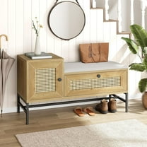 Rattan Shoe Bench Entryway Bench with Storage Drawer and Cabinet, Wooden Storage Bench with Linen Seat Cushion, for Hallway and Bedroom, Natural Oak