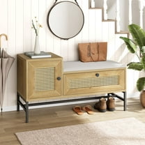 Rattan Shoe Bench Entryway Bench with Storage Drawer and Cabinet, Wooden Storage Bench with Linen Seat Cushion, for Hallway and Bedroom