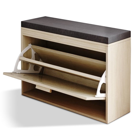 Rattan Shoe Bench with Flip-Drawers & Cushion - Entryway Storage Cabinet, Hallway Shoe Rack Seat for Entry, Living Room (Natural, 23.6"W x 9.4"D x 18.5"H)