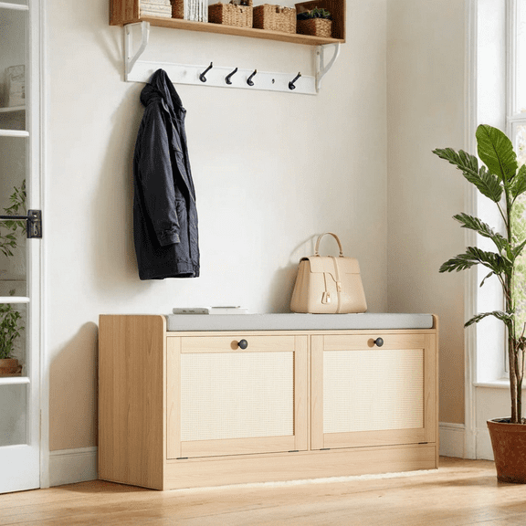 Rattan Shoe Bench fit up to Shoe Size 16, Boho Entryway Bench with Storage Cabinets and Seat Cushion, Wooden Shoe Storage Bench for Entryway, Hallway and Bedroom, Natural Oak