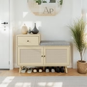 Rattan Shoe Cabinet with 2 Doors, Freestanding Modern Shoe Storage Cabinet with Shoe Bench, Shoe Rack Cabinet with Handles and Pine Legs for Entryway, Hallway, Living Room, Natural