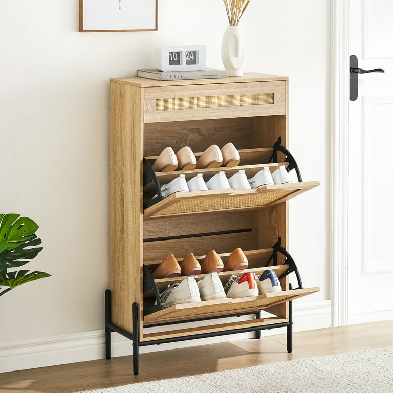 Rattan Shoe Cabinet with 2 Flip Door 1 Drawer Wooden Free Standing Shoe Racks Shoe Storage Organizer Shoe Rack with 3 Tier Adjustable Shelves for Entryway Hallway Living Room Walmart
