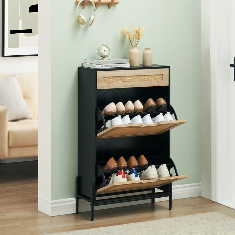 Rattan Shoe Cabinet with 2 Flip Door 1 Drawer Wooden Free Standing Shoe Racks Shoe Storage Organizer Shoe Rack with 3 Tier Adjustable Shelves for Entryway Hallway Living Room Walmart