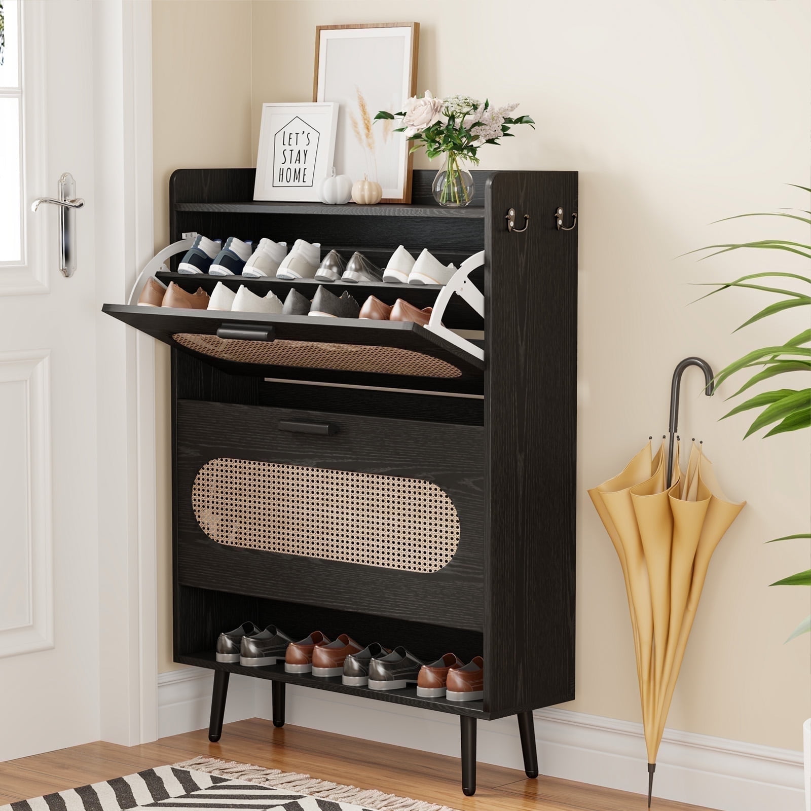 Bel Ark Rattan Shoe Cabinet with 2 Flip Drawers - Narrow