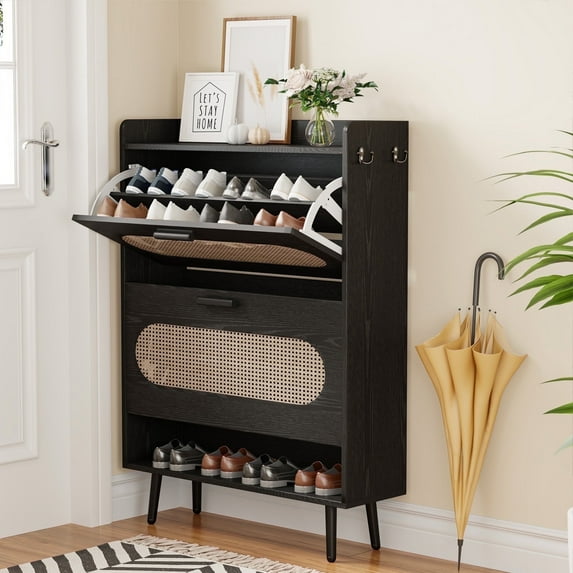 Bel Ark Rattan Shoe Cabinet with 2 Flip Drawers - Narrow Freestanding Hidden Organizer for Entryway, Hallway, Living Room,Black