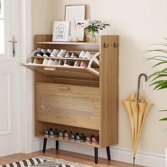 short dresser with shoe rack on bottom Shoe Cabinet, White Hidden Wood Shoe Storage Cabinet with 2 Drawers & 3 Flip Drawers, Narrow Shoe Rack
