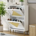 thumbnail image 1 of Rattan Shoe Cabinet with 2 Flip Drawers,Modern Wooden Shoe Rack with Gold Round Handle and Metal Stand, Modern Shoe Storage Cabinet with Foot Pads for Living Room,White, 1 of 9
