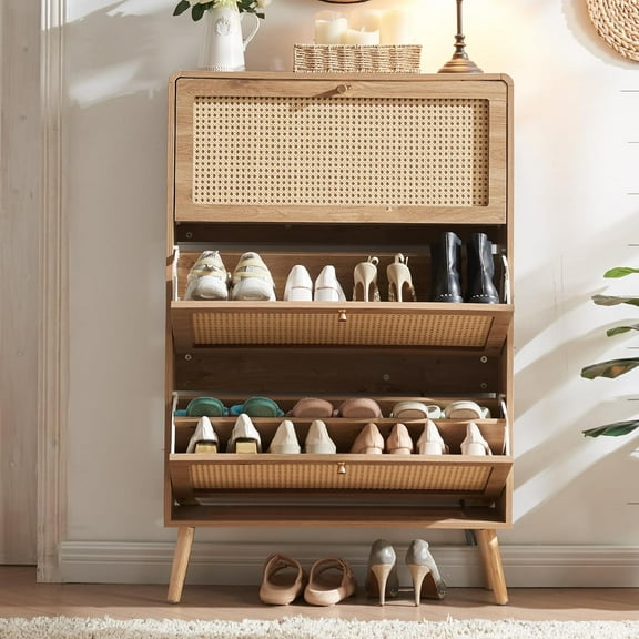 Rattan Shoe Cabinet with 3 Flip Drawers, 24 Pairs Shoe Storage Cabinet for Entryway Freestanding Hidden Shoe Rack with Drawers Slim Shoe Organizer for Hallway, Living Room, Natural