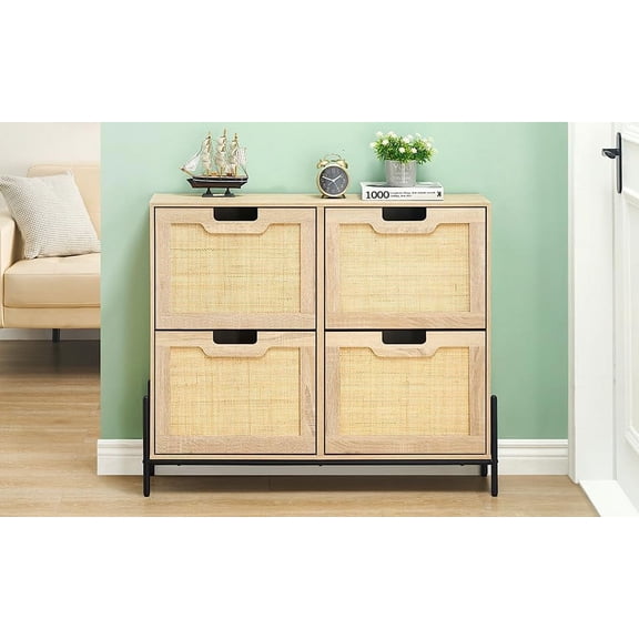 Rattan Shoe Cabinet, 4 Flip Drawers, 3-Tier Adjustable Shelves, Metal Legs, Freestanding Hidden Shoe Organizer, Modern Shoe Rack Storage With Anti-Tipping for Entryway, Living Room, Hallway