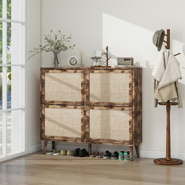 Rattan Shoe Cabinet with 4 Flip Drawers, Narrow Shoe Rack Cane Storage Cabinet, Freestanding Shoe Organizer with Legs for Entrance Hallway,Living Room, Burly Wood