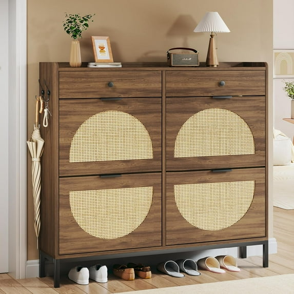Rattan Shoe Cabinet with 4 Flip Drawers, Shoe Storage Cabinet with Adjustable Shelves, Narrow Shoe Cabinet with Metal Legs & Handles for Entryway, Hallway, Organizer, Rustic Oak Rattan