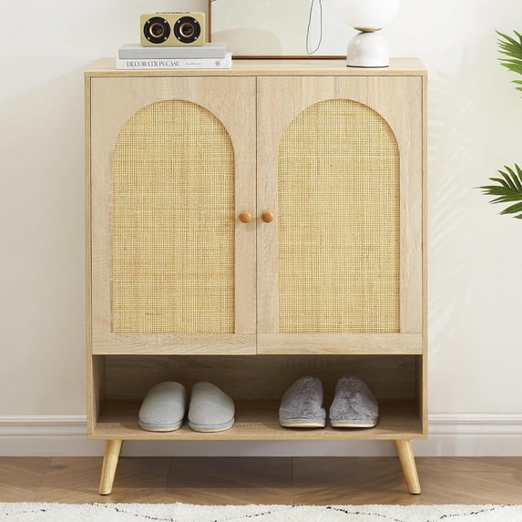 Rattan Shoe Cabinet with Doors, 4-Tier Storage Shoe Cabinet for Entryway, Shoe Rack Organizer Cabinet with Woven Rattan Doors and Adjustable Shelves for Entryway, Hallway, Living Room