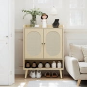Rattan Shoe Cabinet with Double Doors, Freestanding Modern Shoe Storage Cabinet with 3 Adjustable Plates, Space-Saving Entryway Storage Organizer, Wooden Shoe Rack with Anti-Tip Device Natural