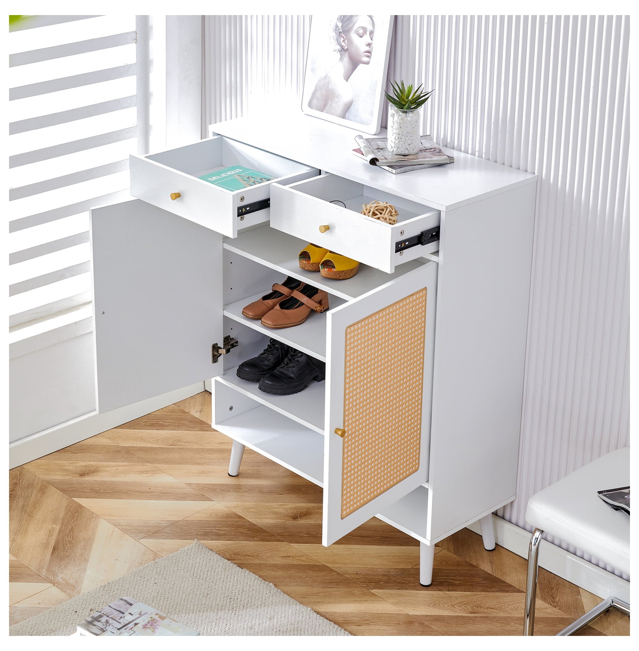 Visual Reference: Rattan Shoe Cabinet Modern Minimalist Storage Organizer White Entryway Cabinet