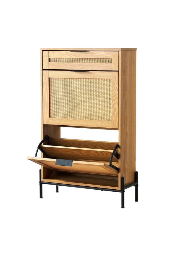 Rattan Shoe Cabinet, Narrow Shoe Storage Organizer - 2 Drawers & 1 Slide, Metal Legs, Entryway Cabinet for Shoes, Hallway, Light Wood