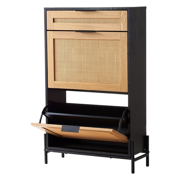 Rattan Shoe Cabinet - Narrow Shoe Storage Organizer with Drawers, Metal Legs, Slim Entryway Cabinet for Shoes - Black
