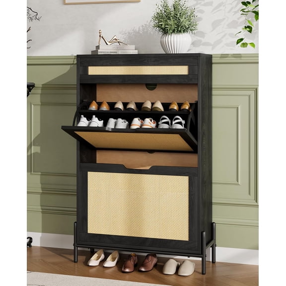 Rattan Shoe Cabinet Storage with 2 Flip Drawers & Top Drawer, Freestanding Shoe Organizer Wooden Slim Shoe Rack Storage with Adjustable Shelves for Entry, Hallway, Porches, Black