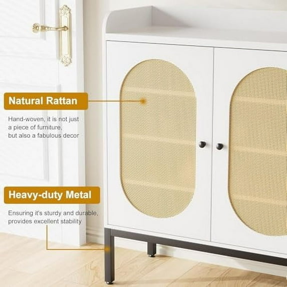 Rattan Shoe Cabinet Storage for Entryway, 3 Rattan Doors Shoe Storage with Adjustable Shelves, Shoe Organizer 7-Tier Shoe Rack for Entryway, Hallway, Living Room