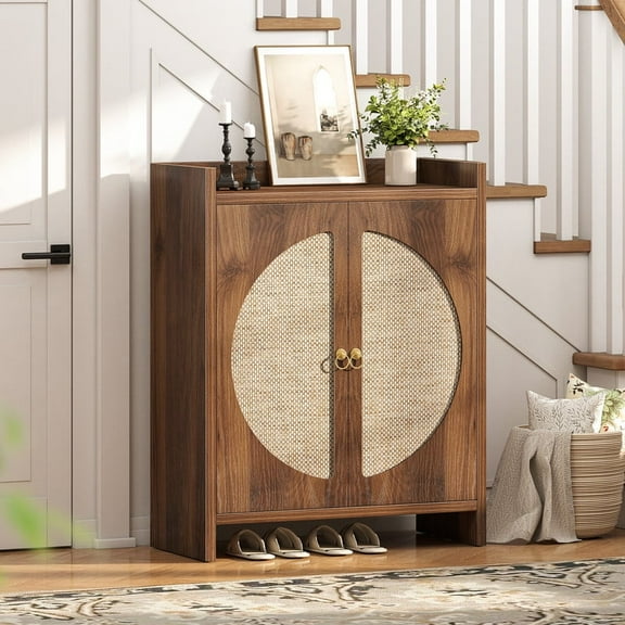 Rattan Shoe Cabinet Storage for Entryway, Entry Way Shoe Storage Cabinet with Adjustable Shelves, Wood Shoe Organizer Cabinet, Accent Cabinet with Doors for Entrance Hallway Living Room Foyer