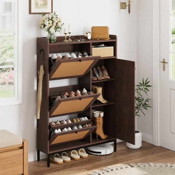 Rattan Shoe Cabinet Storage with 3 Flip Drawers and 4-Tier Cabinets, Freestanding Shoes Rack Organizer for Entryway, Closet, Narrow Shoe Rack Cabinet