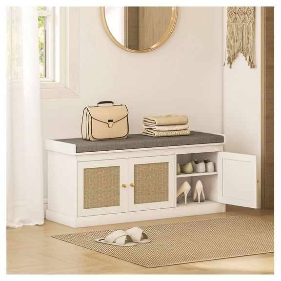 Rattan Shoe Cabinet - White Entryway Bench with Storage - Fits 9 Pairs - Boho Style Shoe Rack with Cushion