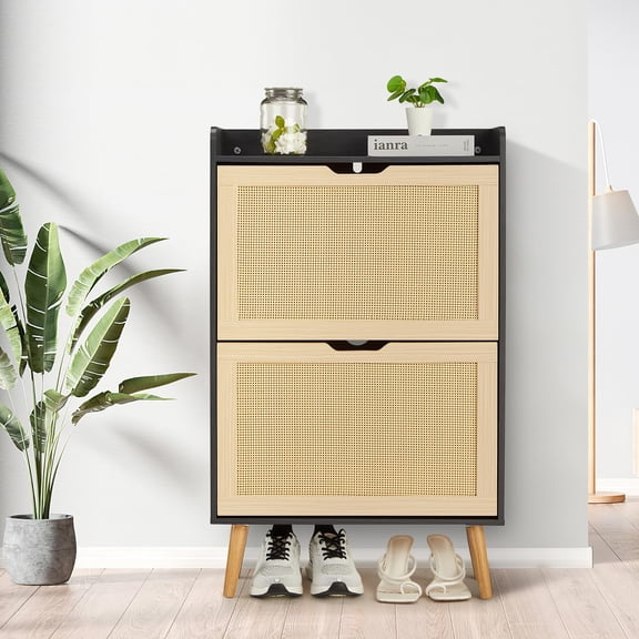 Rattan Shoe Cabinet for Entryway, Holds 12-18 Pairs of Shoes, Anti-Tip Design for Closet, Bedroom & Hallway