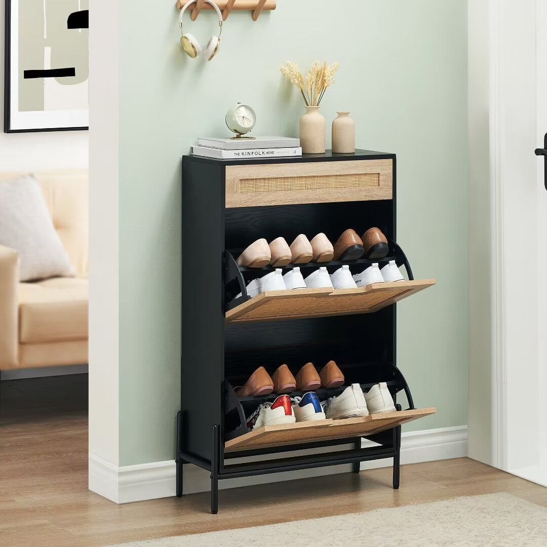 Rattan Shoe Cabinet with 2 Flip Door 1 Drawer Free Standing Shoe Storage Organizer Shoe Rack for Entryway Living Room Oak Black Walmart Business Supplies