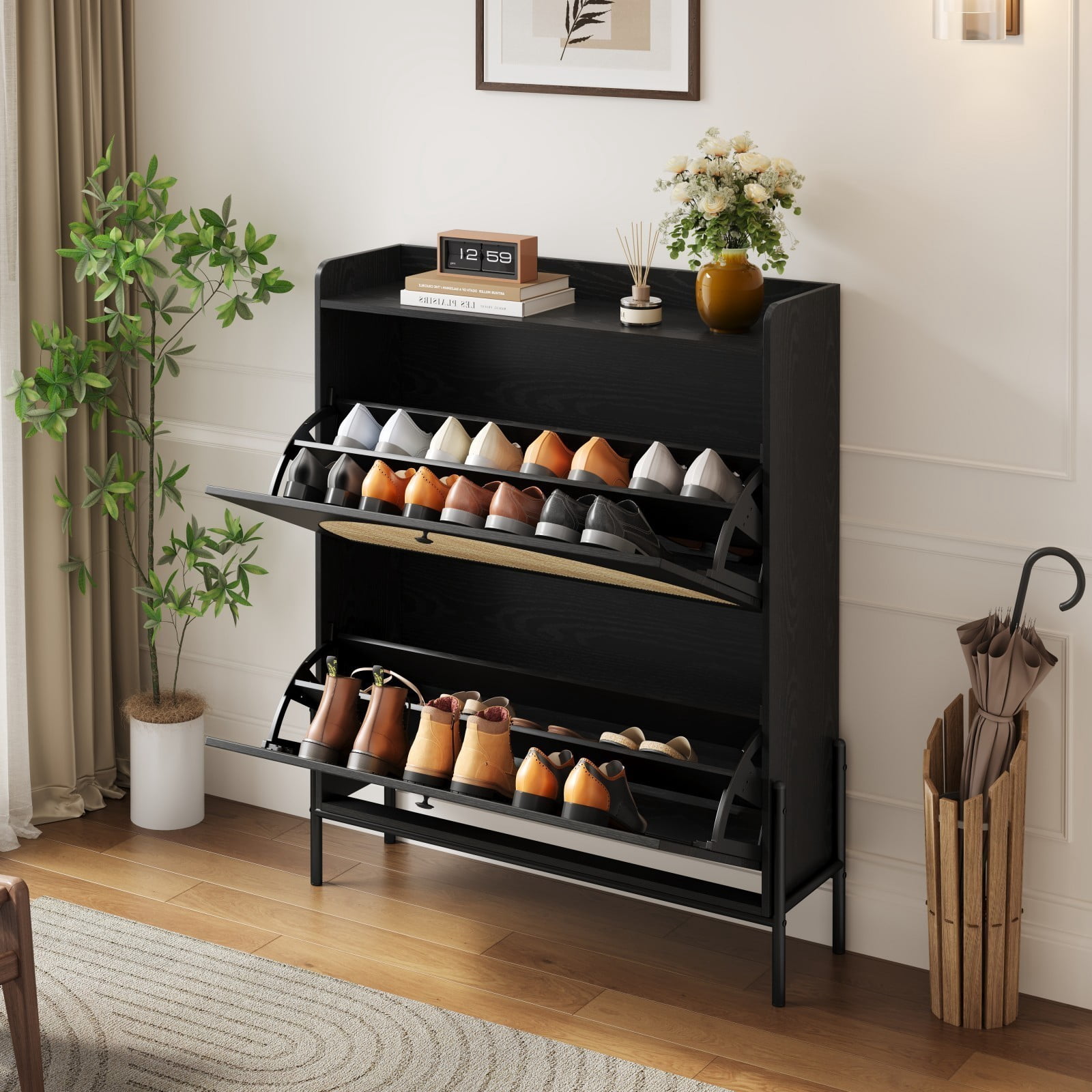 Rattan Shoe Cabinet with 2 Flip Drawers, Narrow Wooden Shoe Storage Organizer for Entryway Hallway, Black