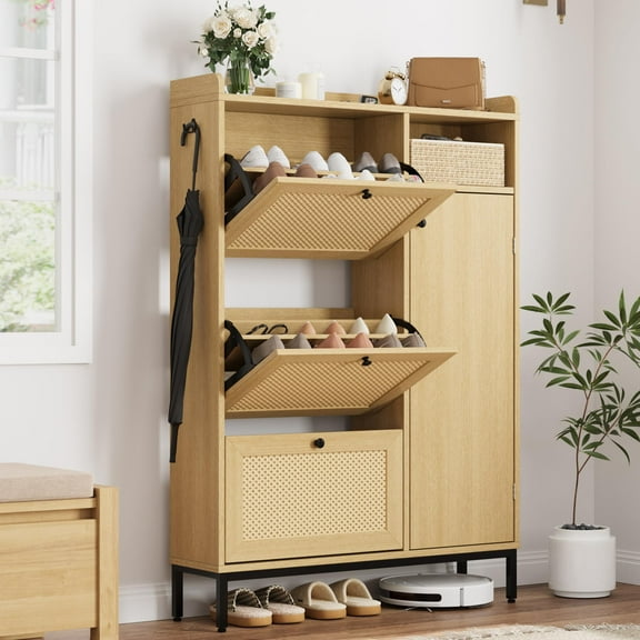 Rattan Shoe Cabinet with 3 Flip Drawers, Entryway Shoe Storage Cabinet, Freestanding Organizer Narrow Shoe Rack Cabinet for Entryway, Hallway, Closet