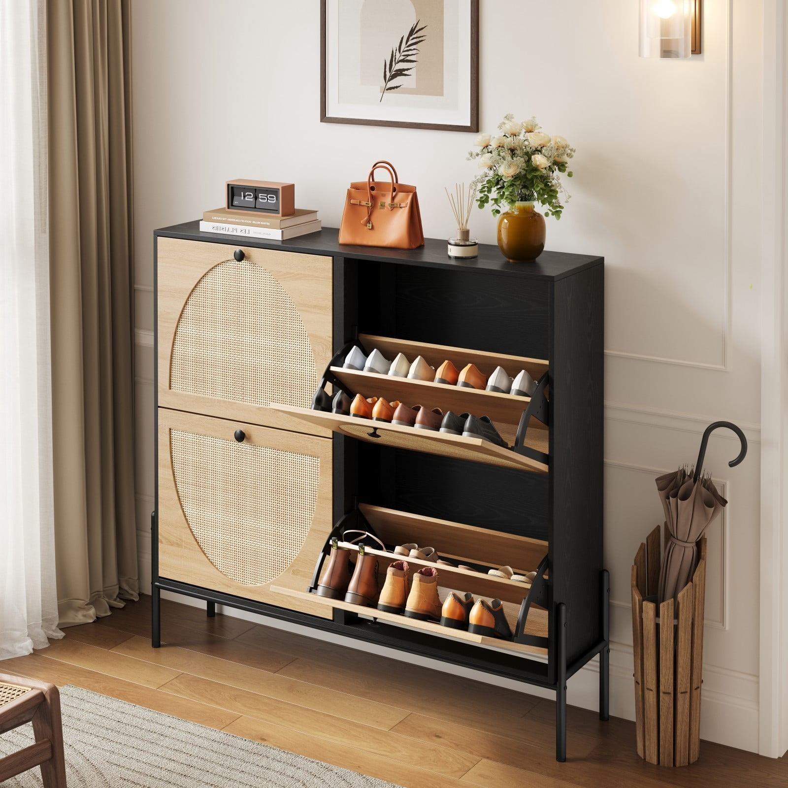 Rattan Shoe Cabinet with 4 Flip Drawers, Narrow Entryway Shoe Storage Organizer for Hallway Living Room, Black