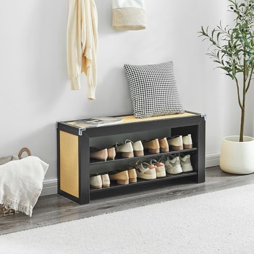 Rattan Shoe Rack Bench for entryway, 3-Tier Hallway Wicker Bench Organizer with Shelves Farmhouse Boho Shoe Stand Entry Bench Seat Storage Bench for Entrance Indoor Entryway Front Door