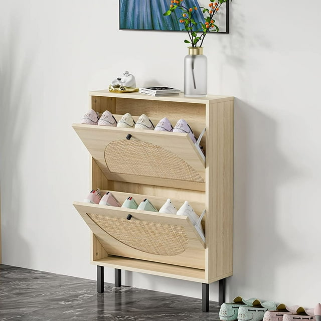 Rattan Shoe Rack Cabinet, Double Layer Shoe Shelf, Modern Shoe Storage ...