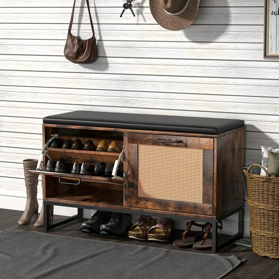 Rattan Shoe Storage Bench with 2 Flip Drawers and Soft Faux Leather Cushions, Wooden Bench Shoe Rack Organizer, Adjustable Shelves, for Hallway Entryway, Walnut