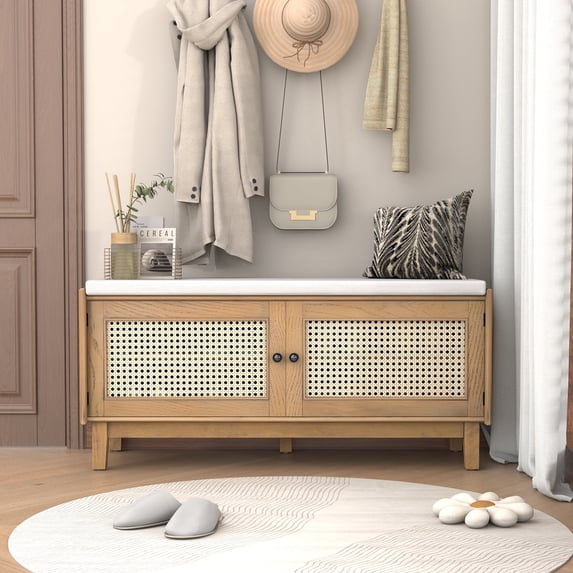 43" Shoe Storage Bench with Cushion, 2-Tier Wood Bench with Adjustable Shelves and 2 Rattan Doors, Rustic Shoe Organizer Cabinet for Entryway, Hallway