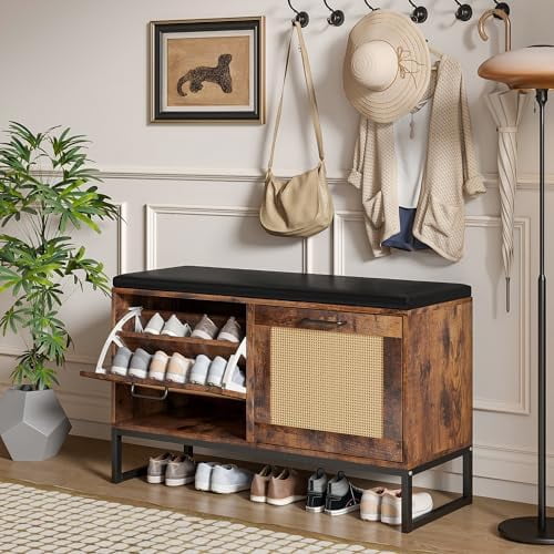 Rattan Shoe Storage Bench with Cushion Seat Shoe Rack Bench with 2 Flip ...