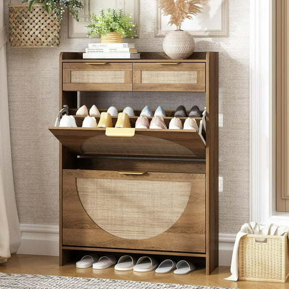 Rattan Shoe Storage Cabinet with 2 Flip Drawers & 2 Drawers, Freestanding Organizer for Front Door Entrance, Hidden Narrow Shoe Rack Cabinet Storage for Entryway, Rustic Oak Rattan